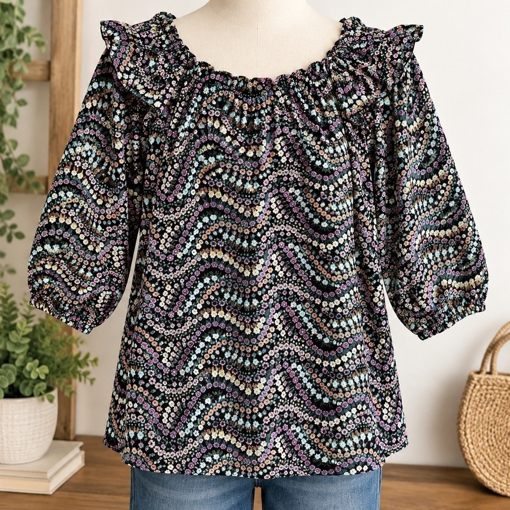 Loft Black Floral Blouse Women SP Wavy Ruffle Shoulder Tie Back Boho Top